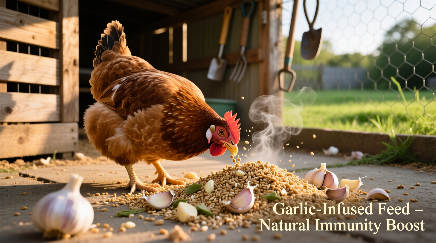 Chicken pecking at garlic-infused feed in backyard coop