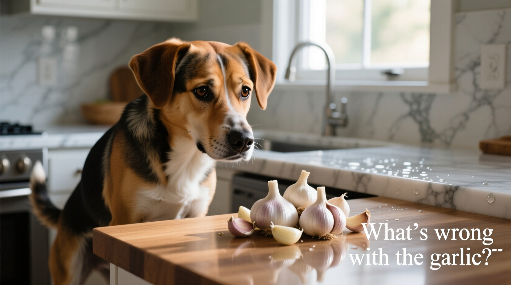 Dog looking concerned near garlic cloves on kitchen counter