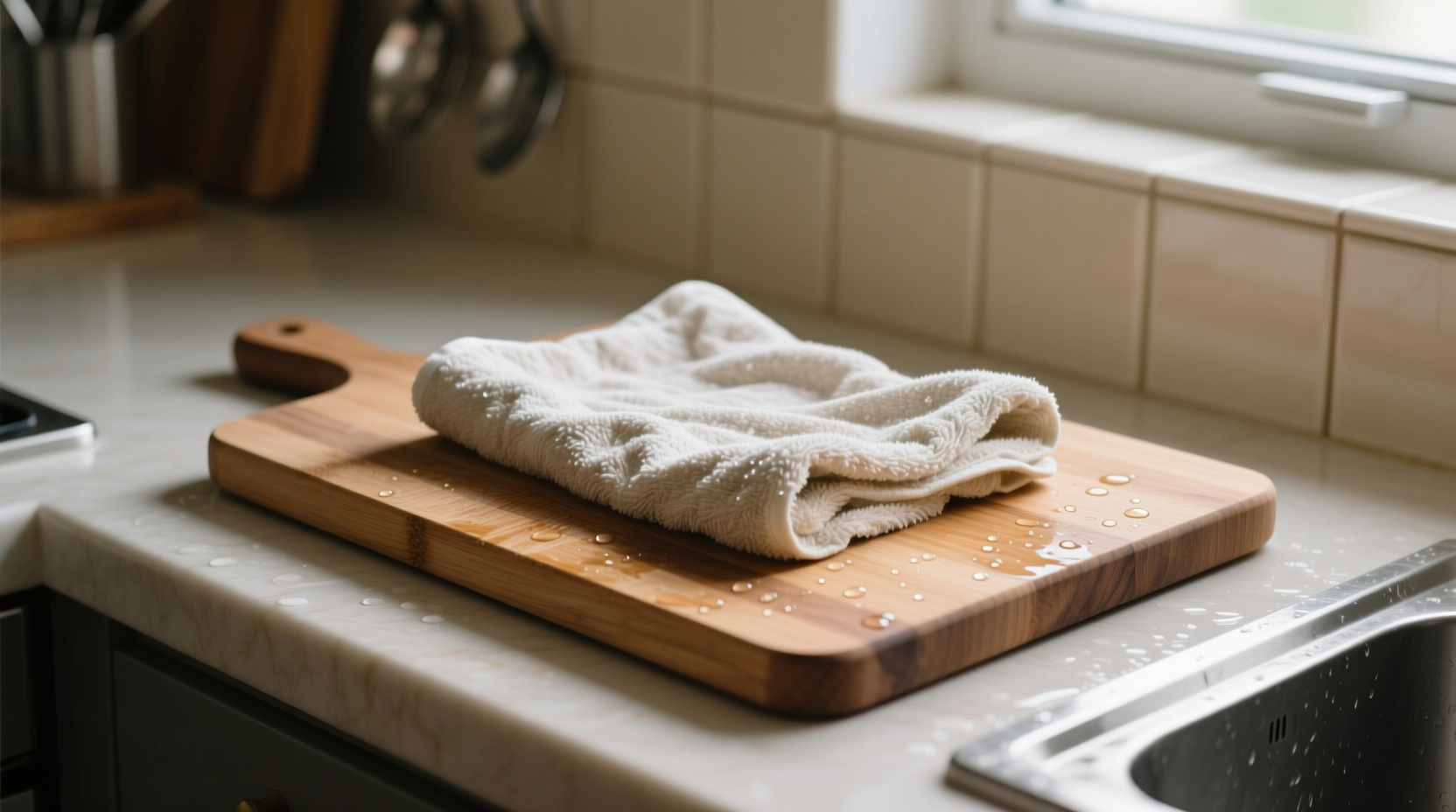 damp towel under cutting board hack