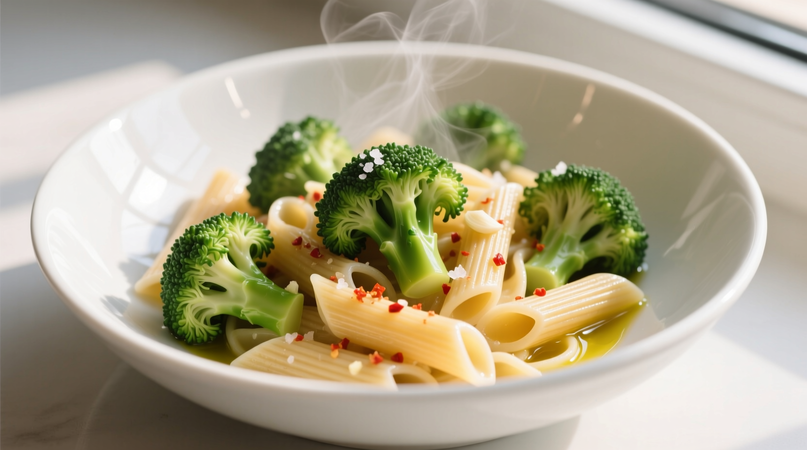 Fresh pasta and broccoli with garlic and oil in white bowl