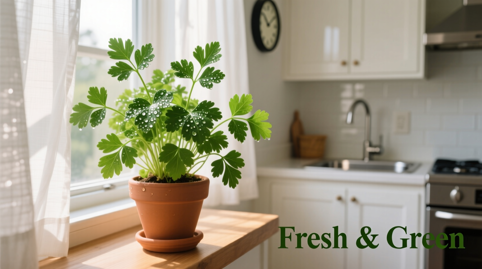 Healthy parsley growing in kitchen window
