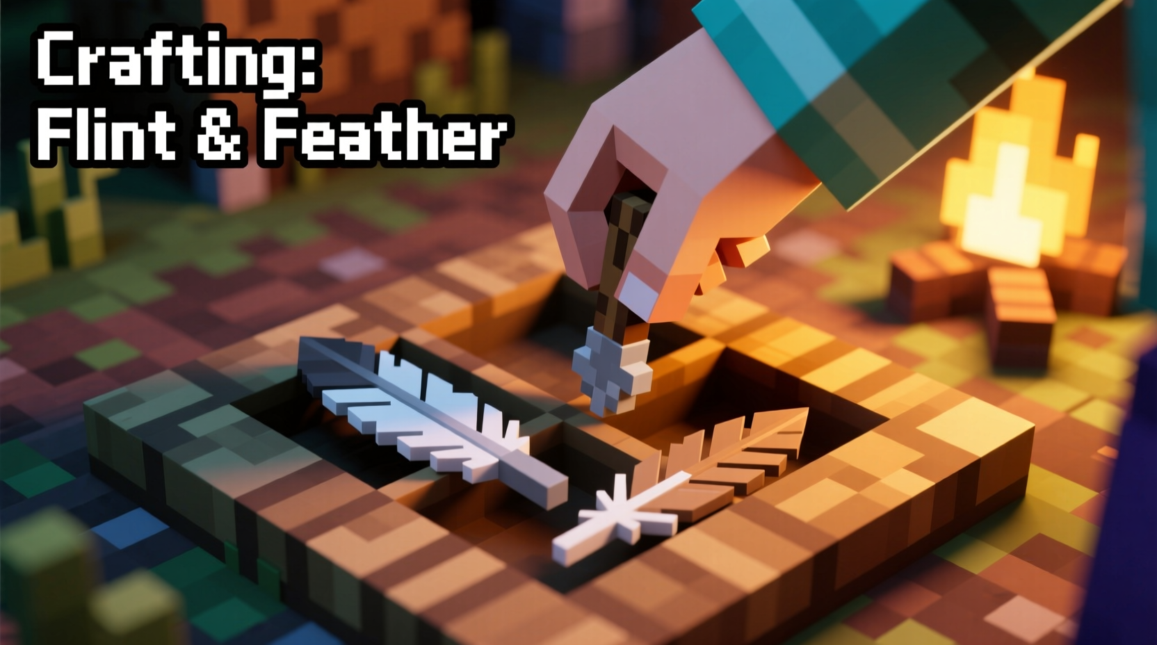 Player placing flint stick and feather in Minecraft crafting grid