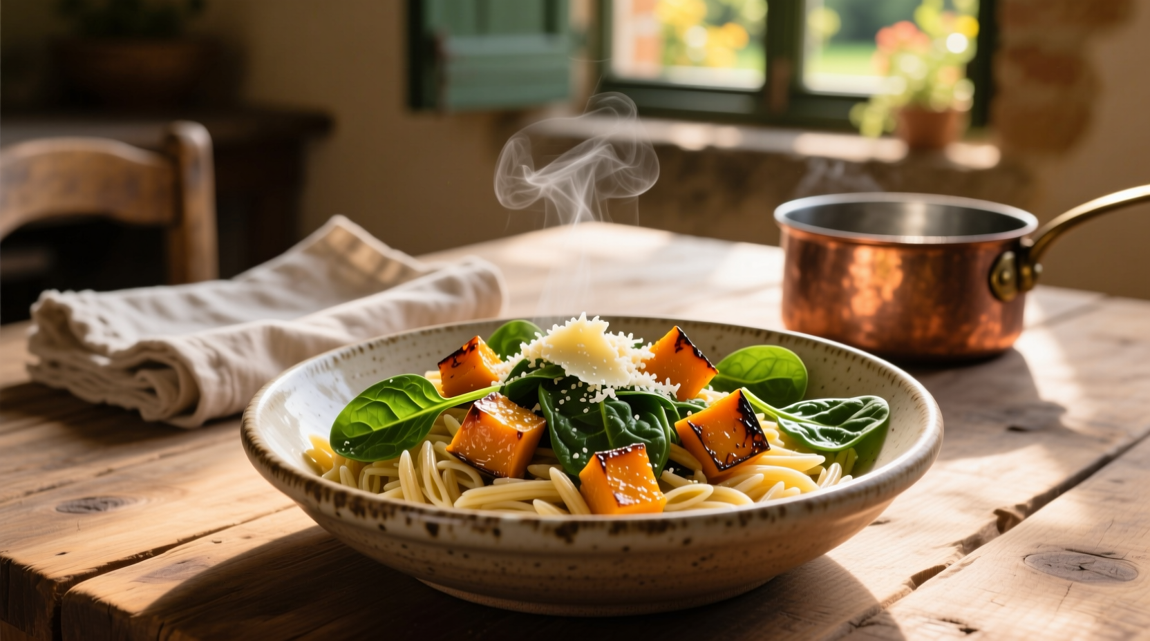 Orzo with roasted butternut squash and fresh spinach