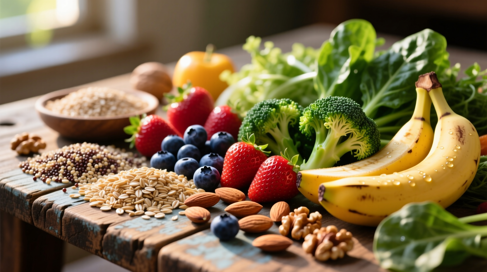 Colorful array of high-fiber foods on wooden table