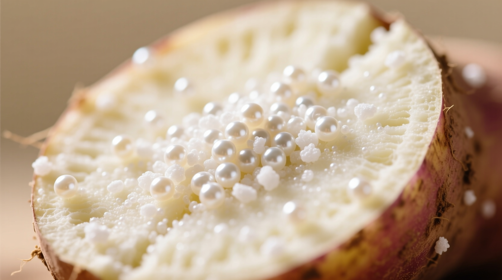 Close-up of white starch spots on sweet potato flesh