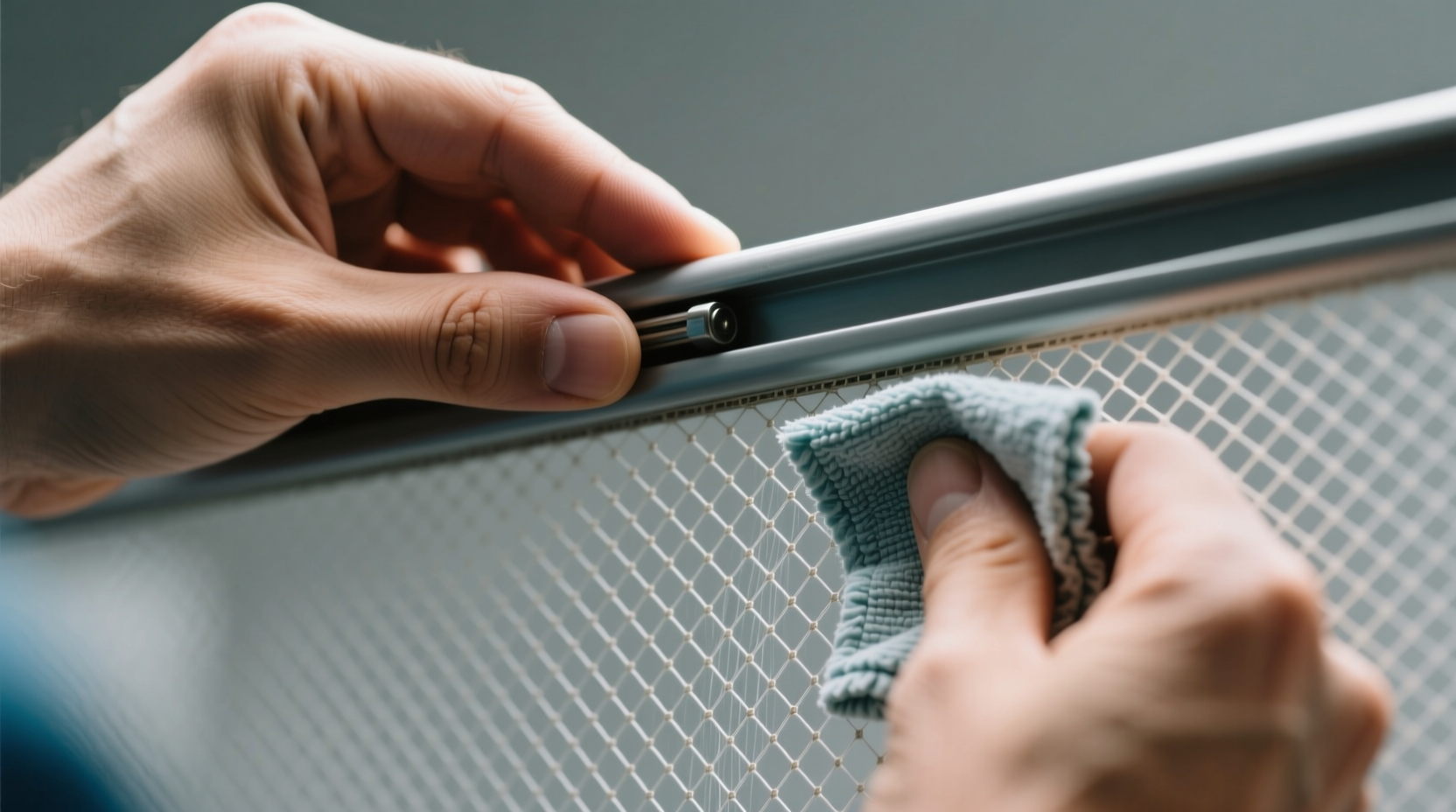 Close-up photo showing proper hand placement during mesh cleaning: one hand stabilizing the top frame rail while the other lightly pats downward with a folded microfiber cloth, no visible tension on the mesh surface