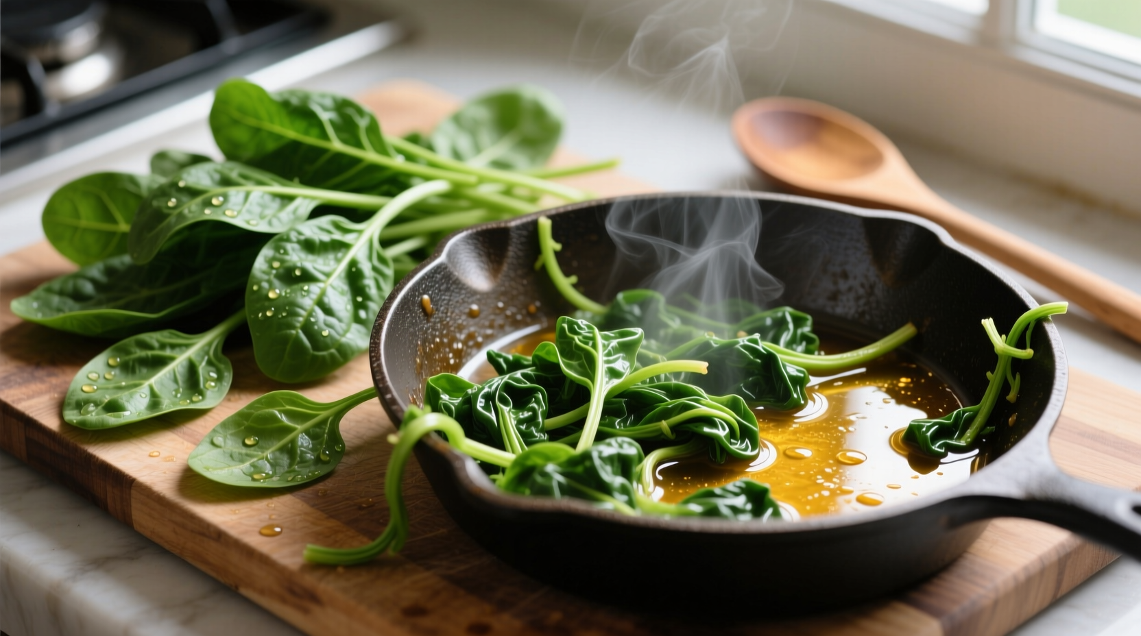 Fresh spinach leaves next to cooked spinach in a pan