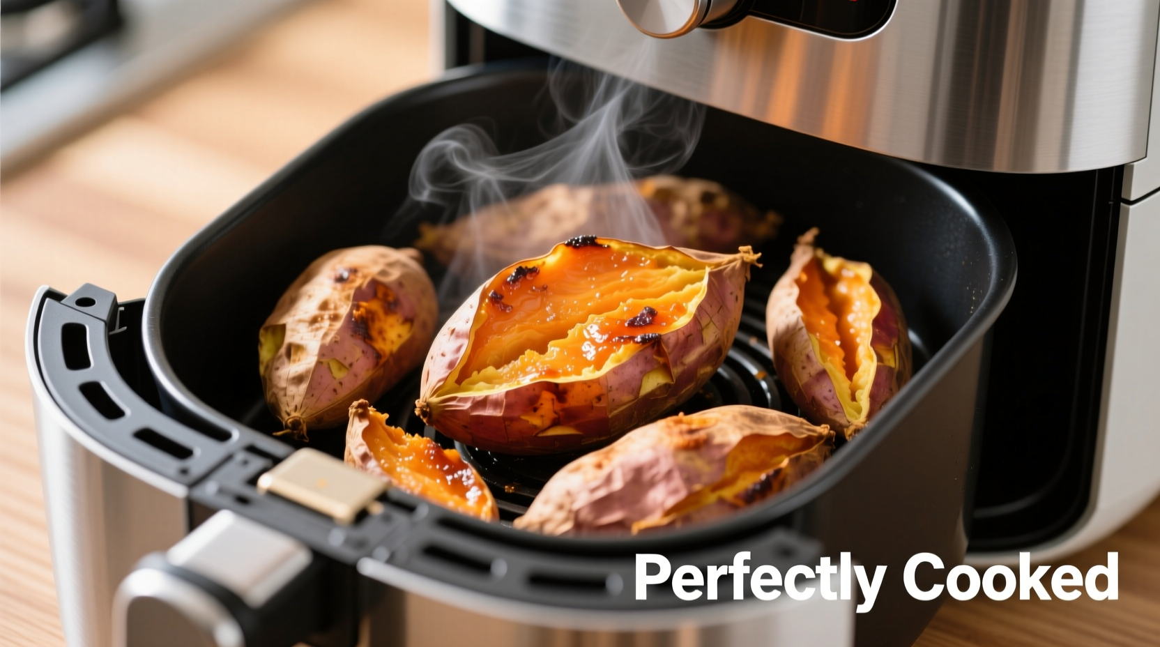 Perfectly cooked sweet potatoes in air fryer basket