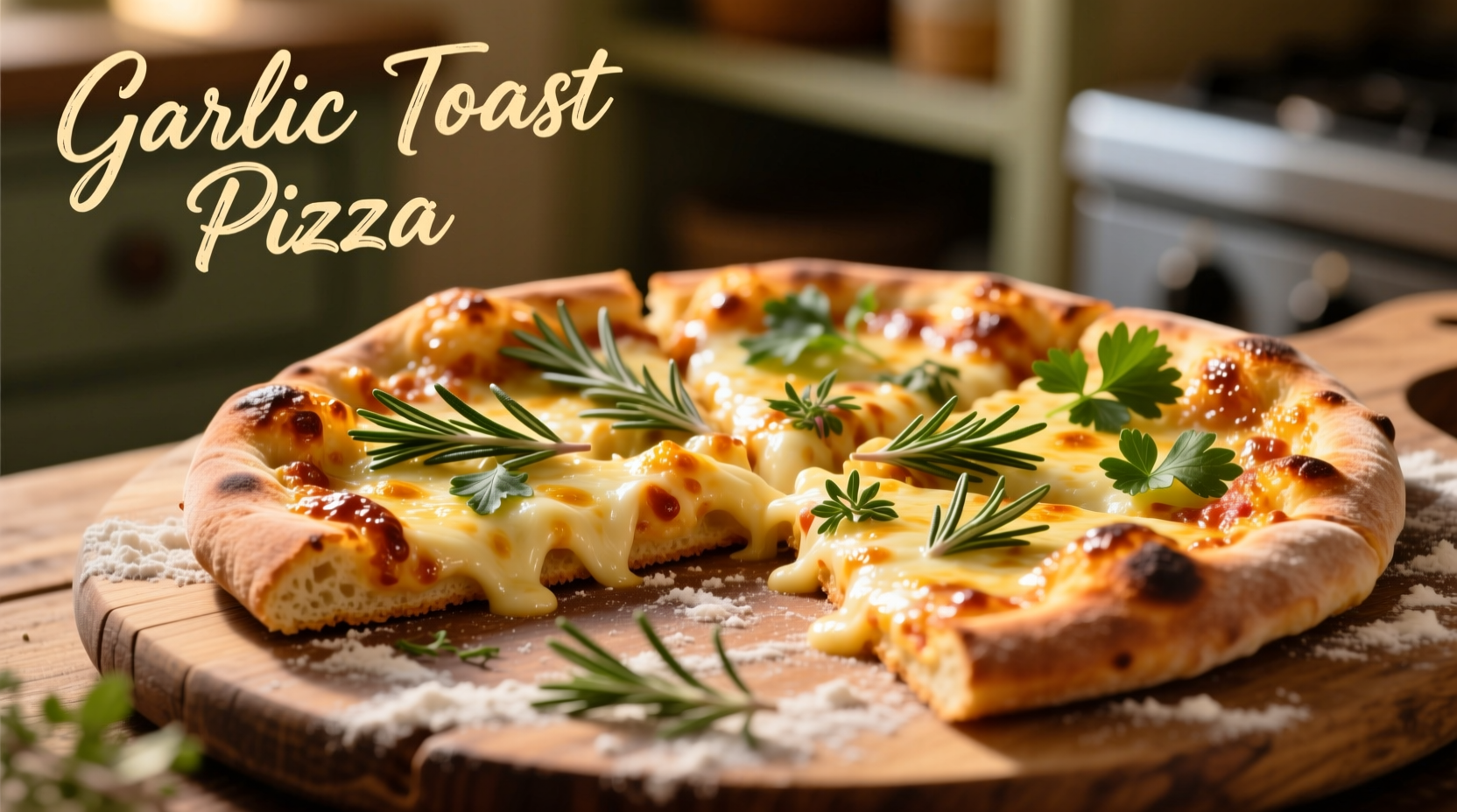 Golden garlic toast pizza with melted cheese and fresh herbs