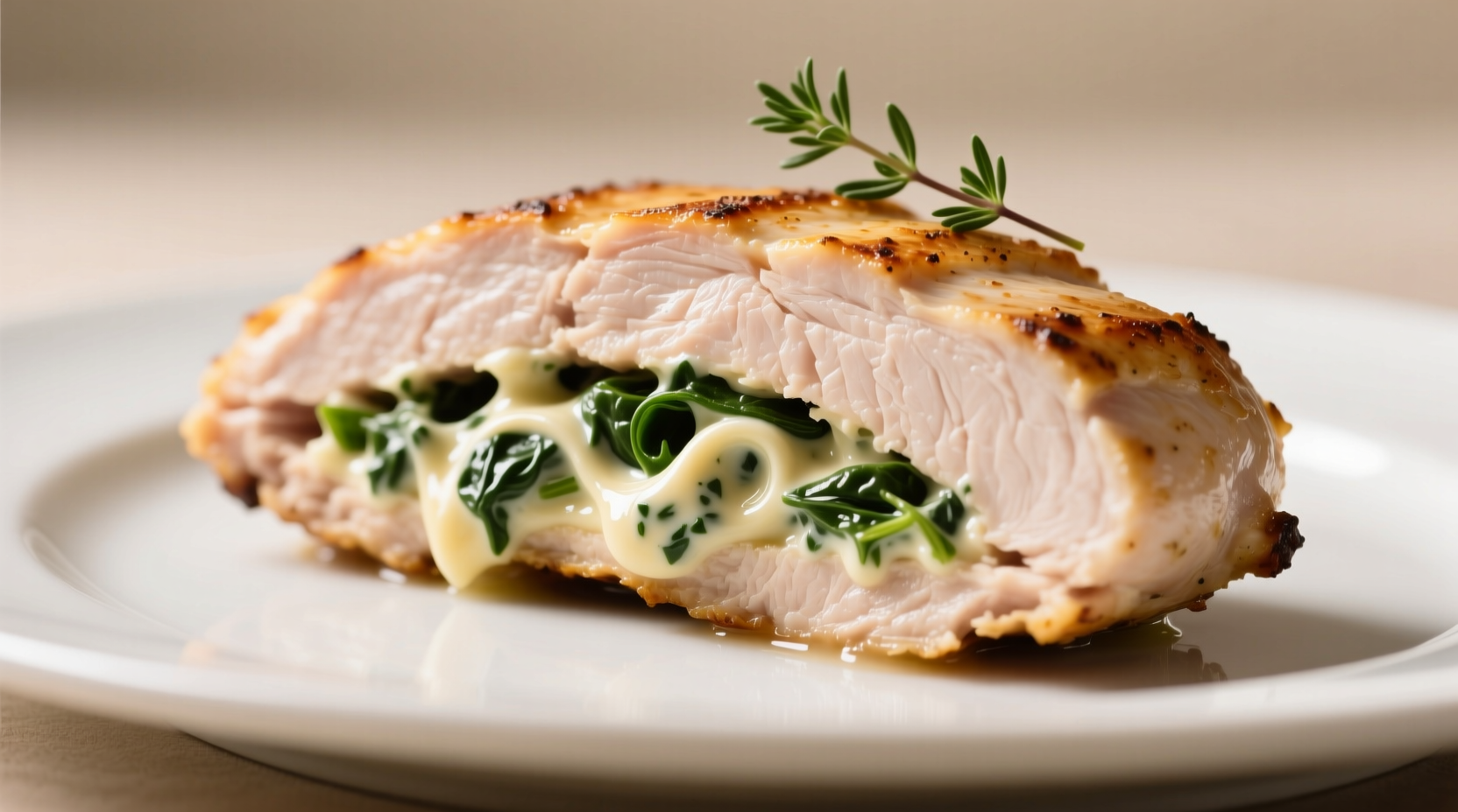 Sliced stuffed chicken breast with creamy spinach filling