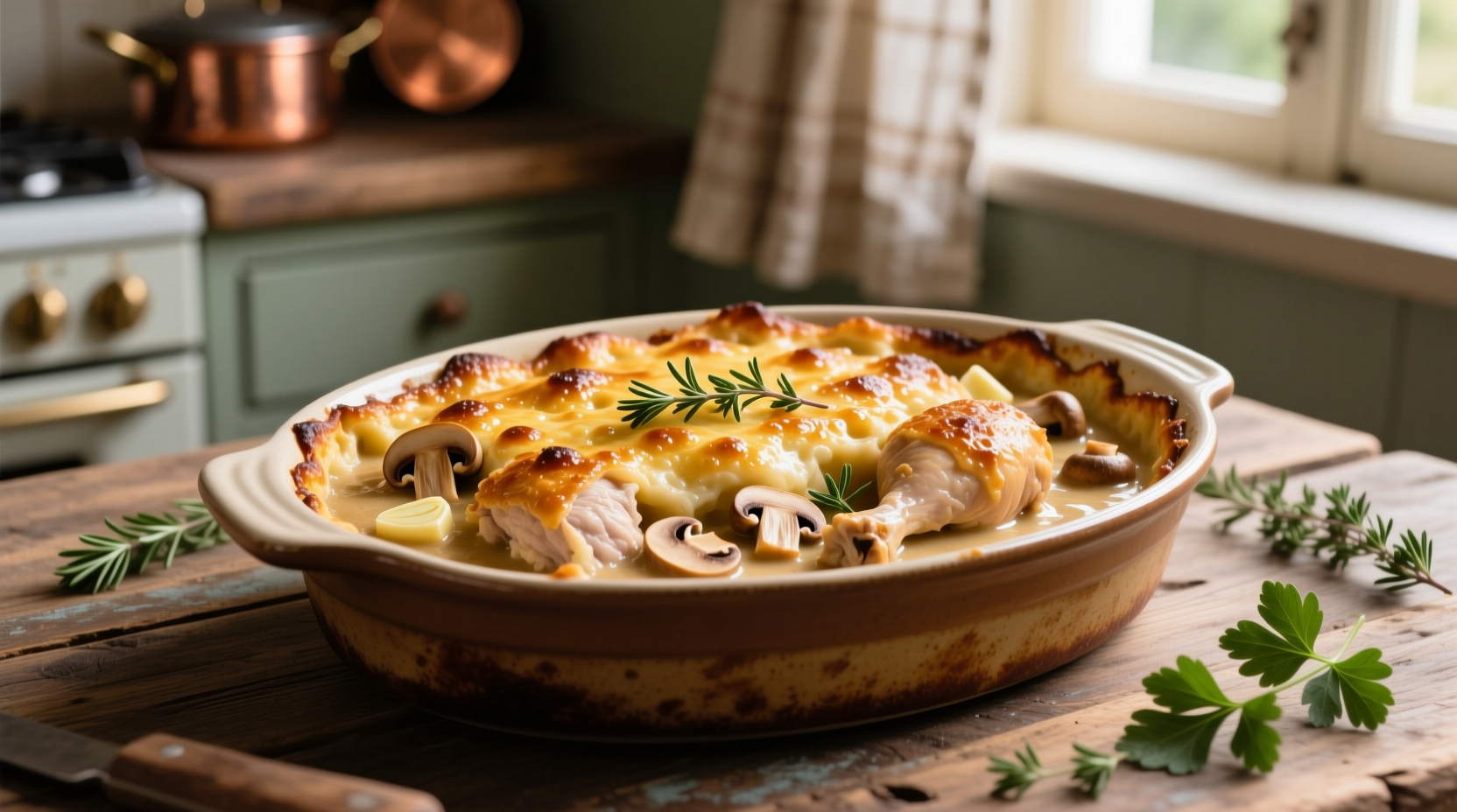 Chicken casserole with golden top in baking dish