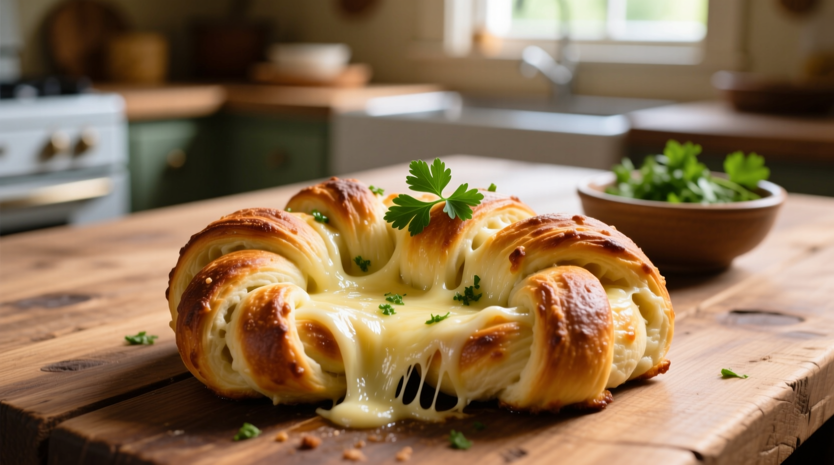 Homemade garlic knots pizza crust with melted cheese