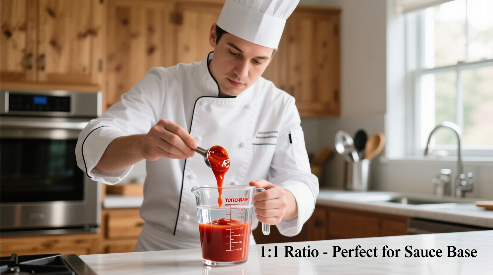Chef measuring tomato paste and water in measuring cups