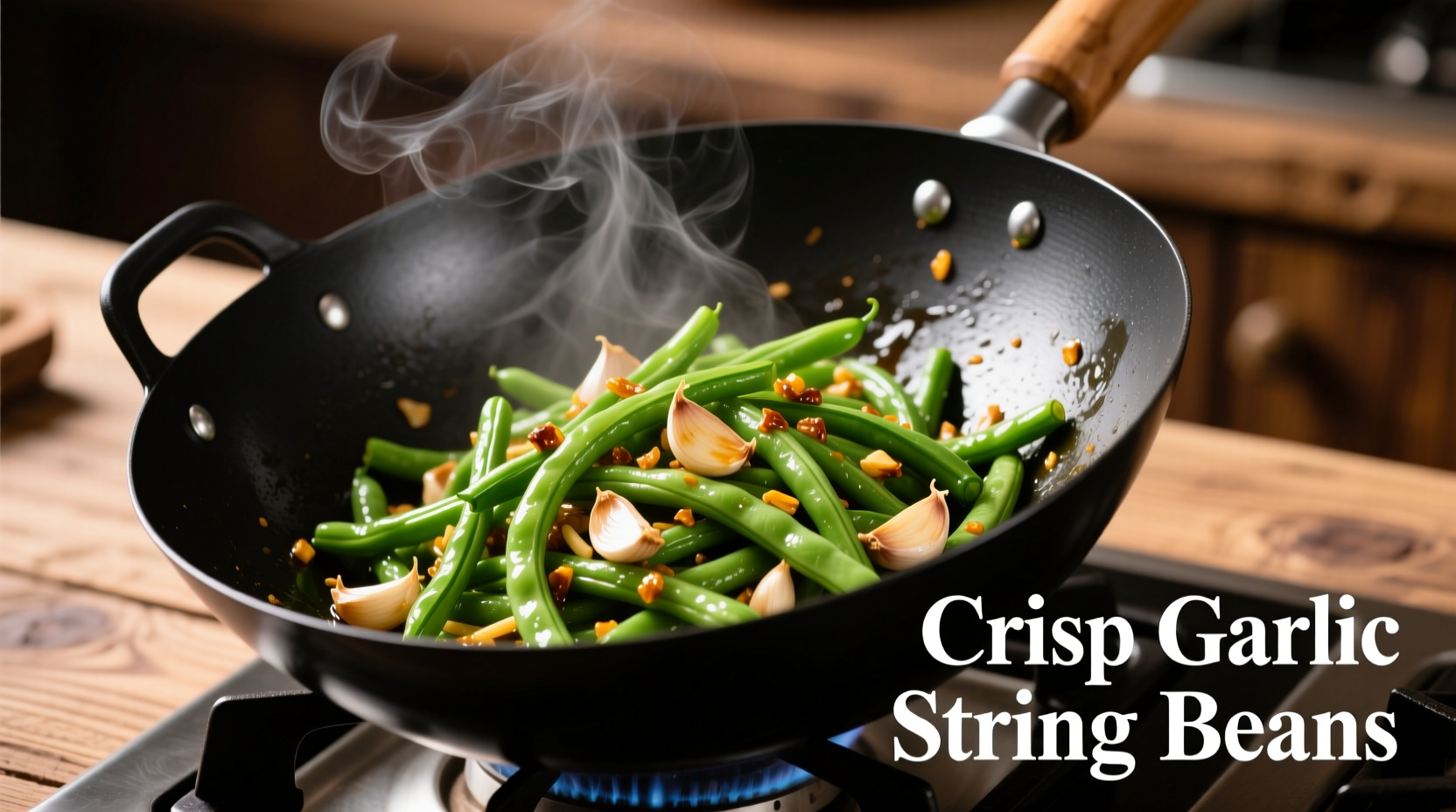 Crisp Asian garlic string beans in wok