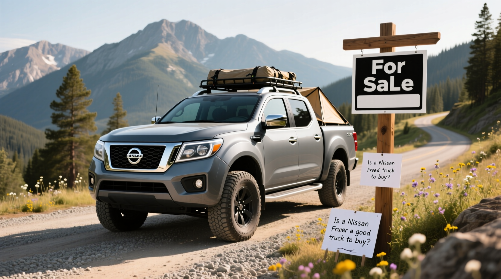 Used Nissan Frontier trucks lined up for sale at dealership