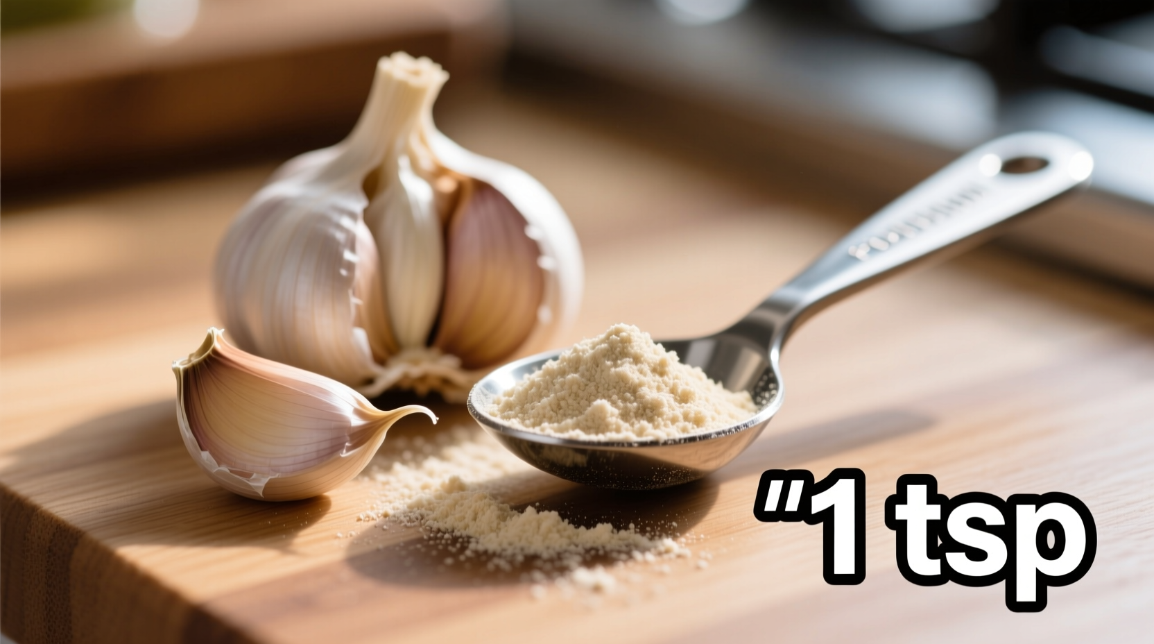 Garlic cloves next to measuring spoon with garlic powder