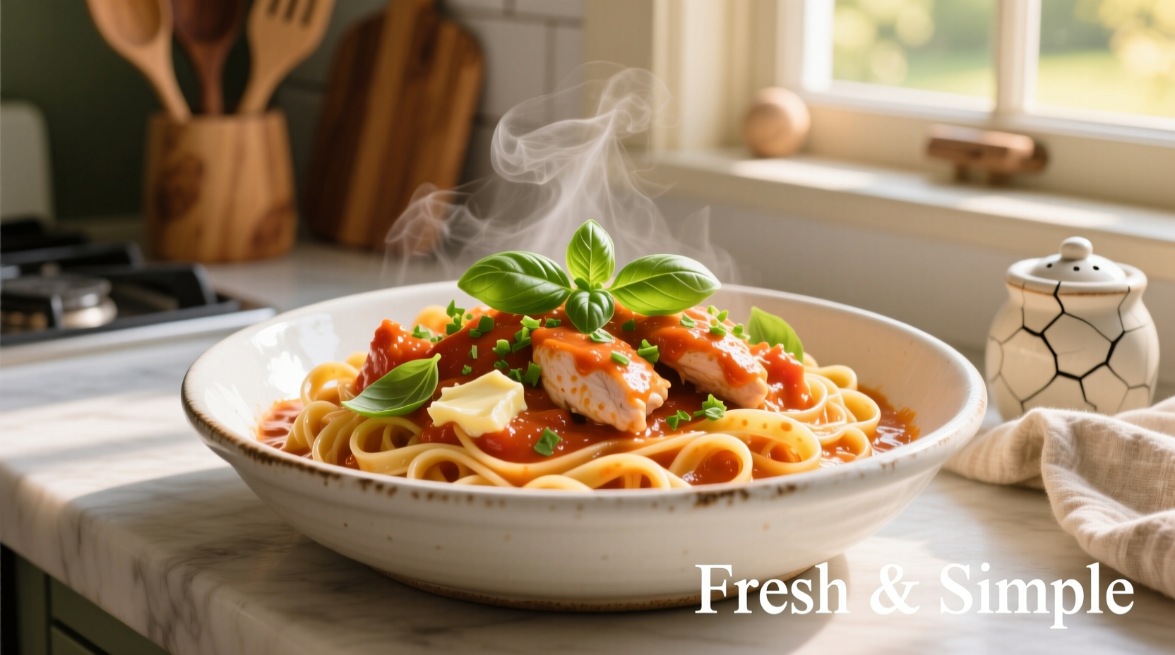 Creamy tomato chicken pasta in white bowl with fresh basil