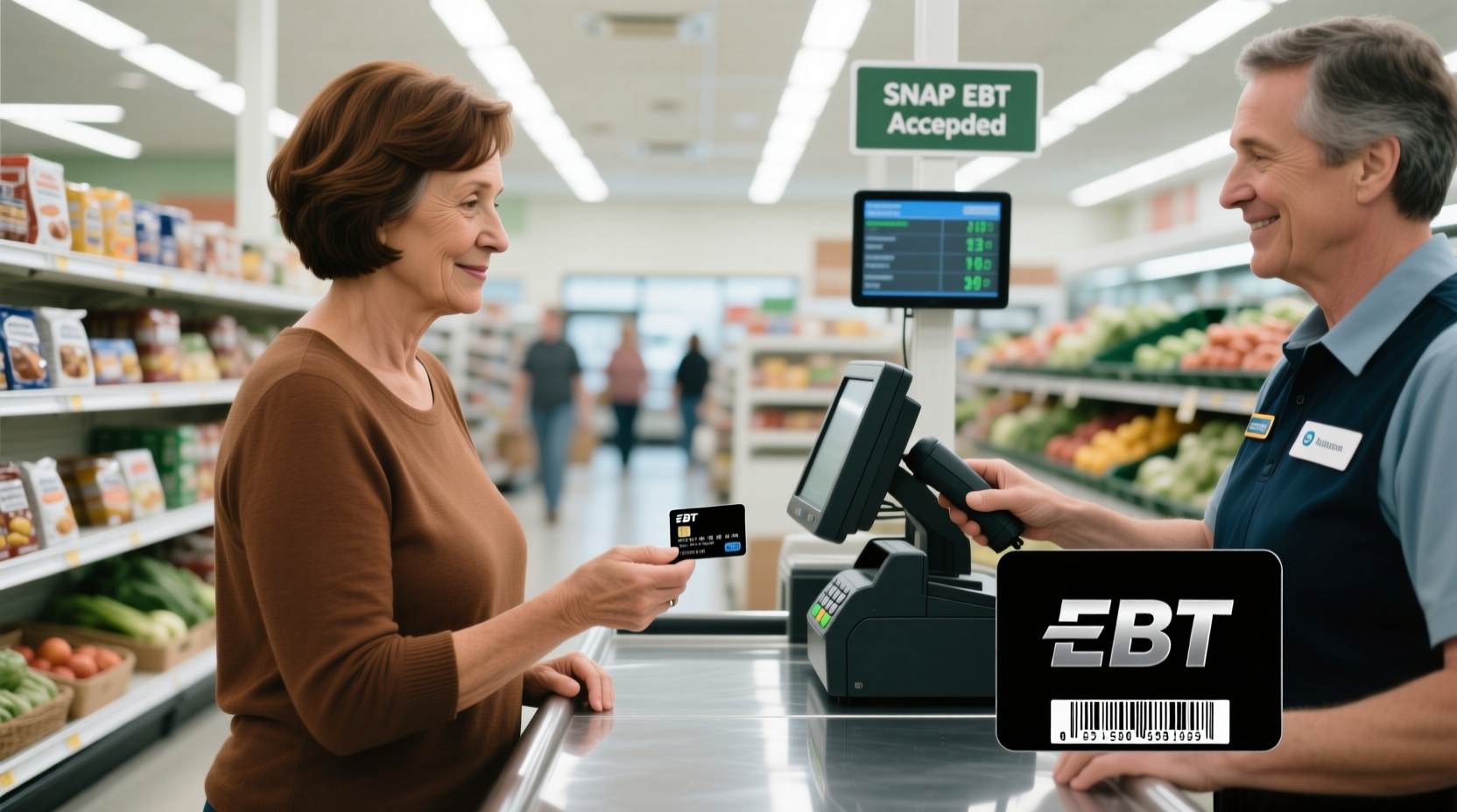 Person using EBT card at grocery store checkout counter