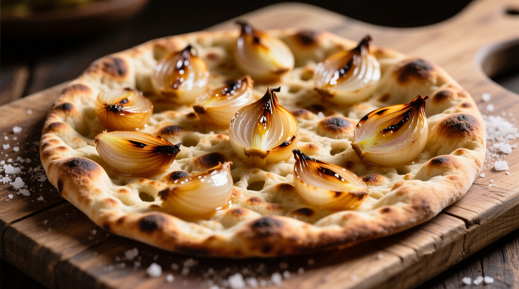Golden brown onion flatbread with visible onion pieces