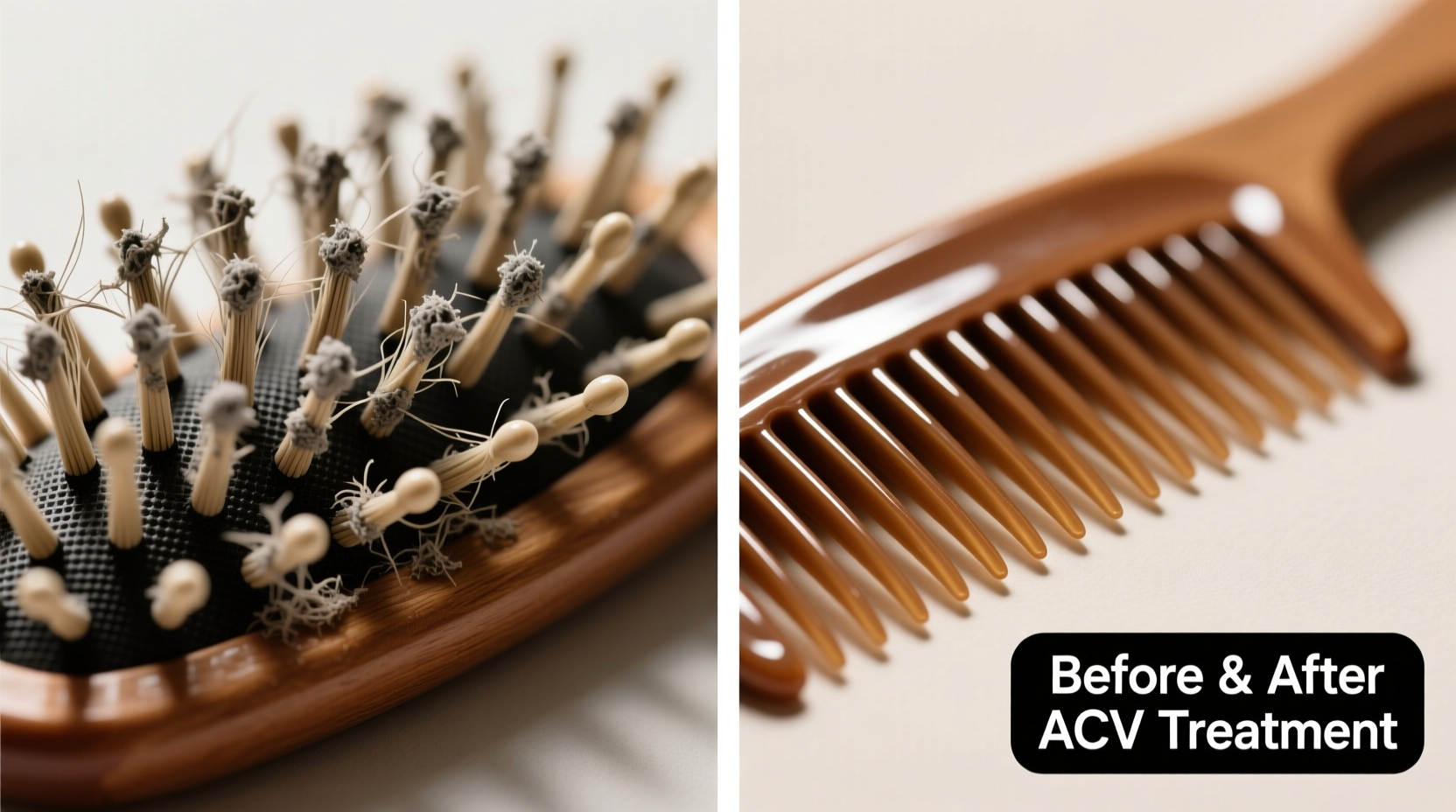 Side-by-side comparison: left shows a boar bristle comb before ACV soak—visible grayish film and clumped bristles; right shows same comb after 8-minute soak and air-dry—bristles are separated, glossy, and uniformly aligned