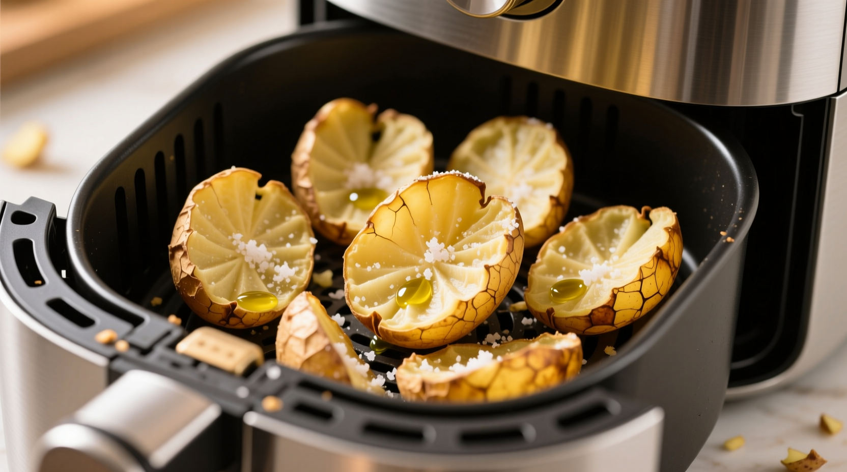 Crispy golden potato skins in air fryer basket