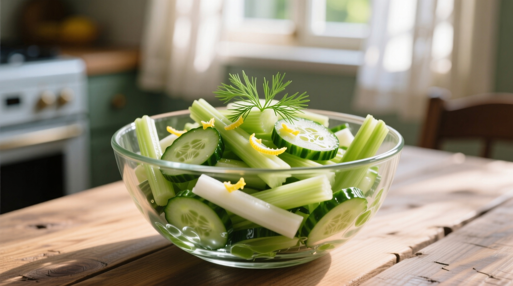 Fresh cucumber and celery salad in glass bowl
