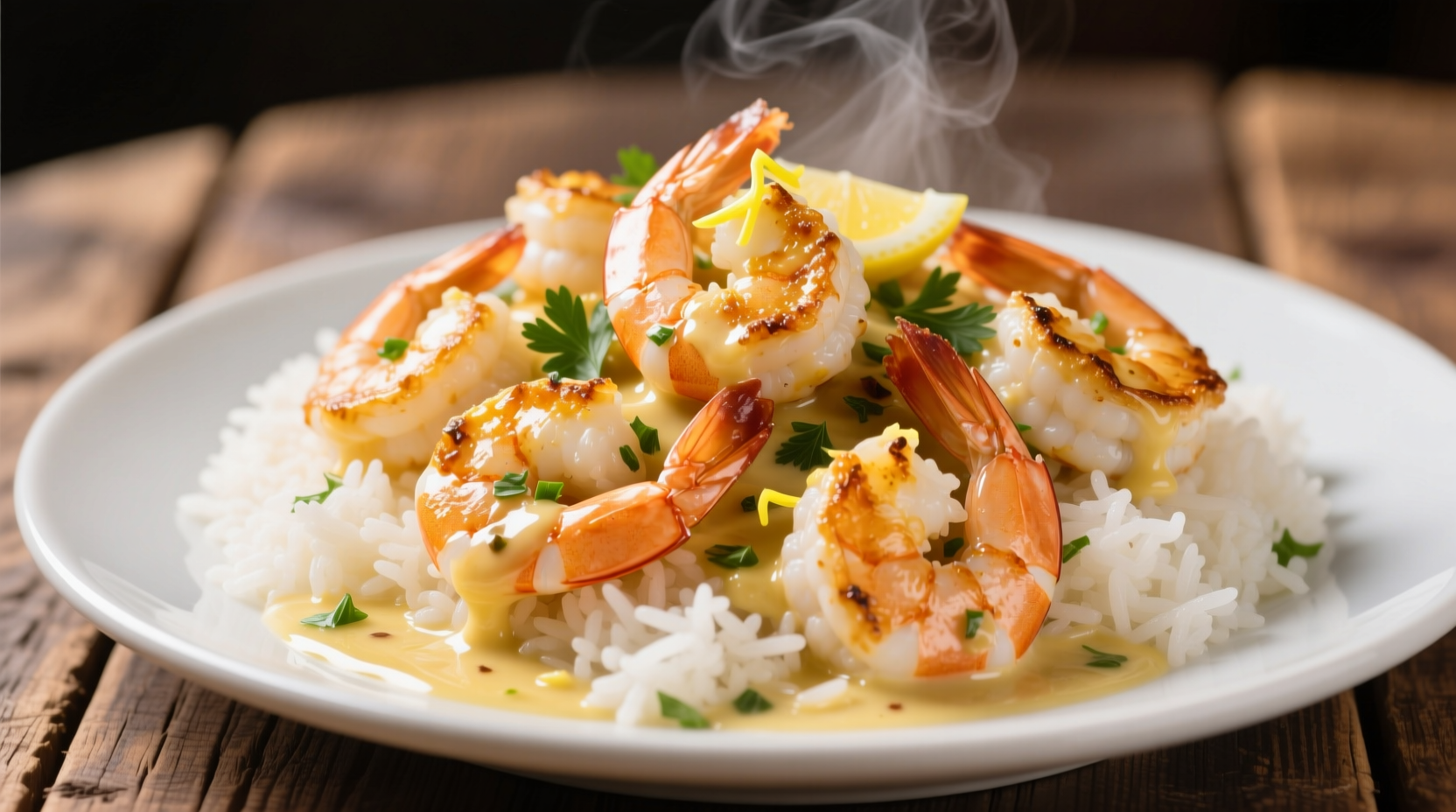 Golden shrimp in garlic butter sauce over white rice