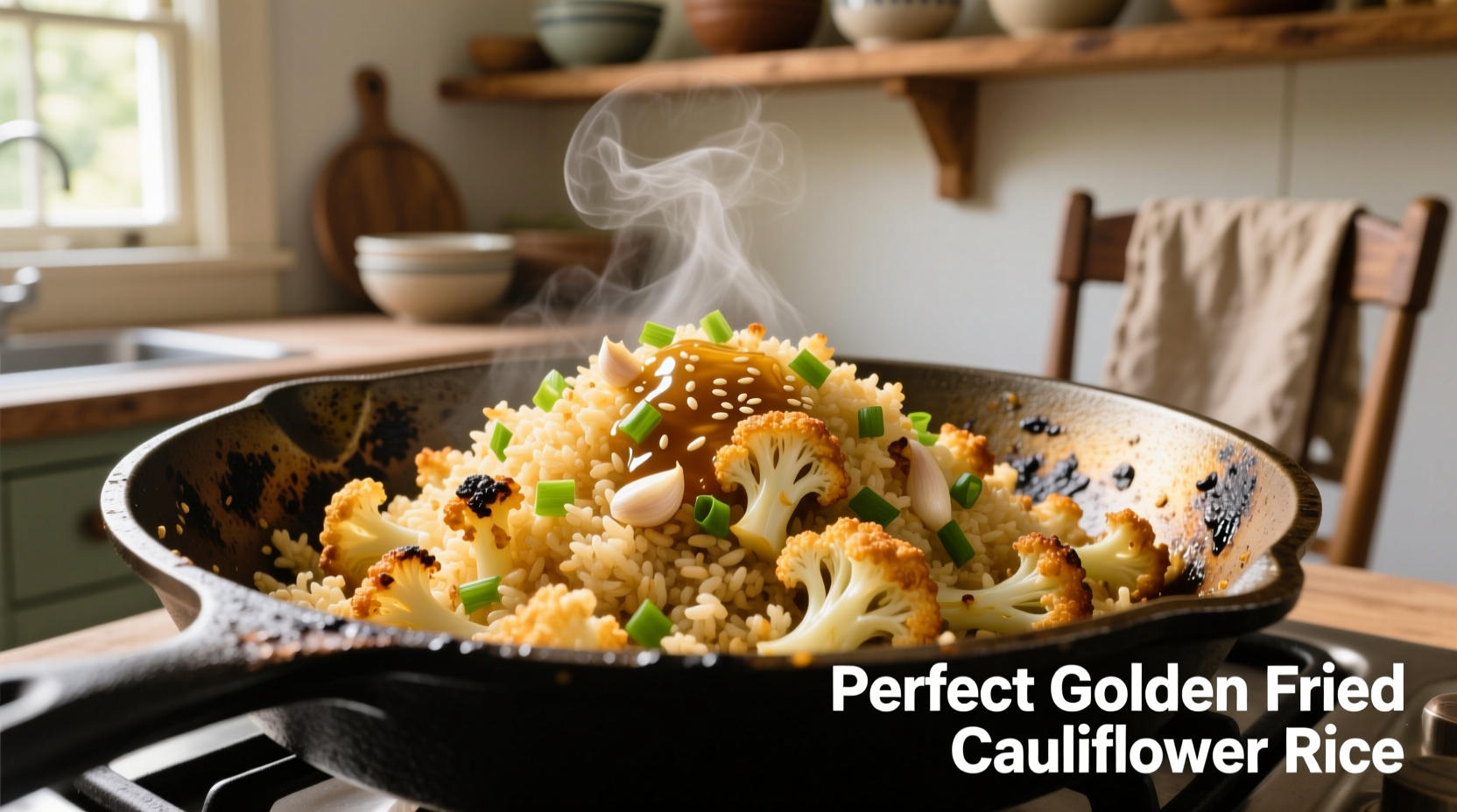 Perfect golden fried cauliflower rice in cast iron skillet