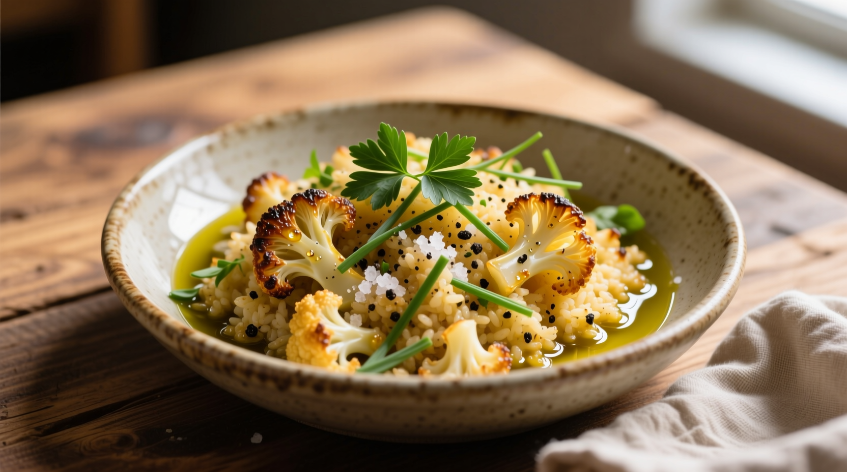 Golden roasted cauliflower rice with fresh herbs
