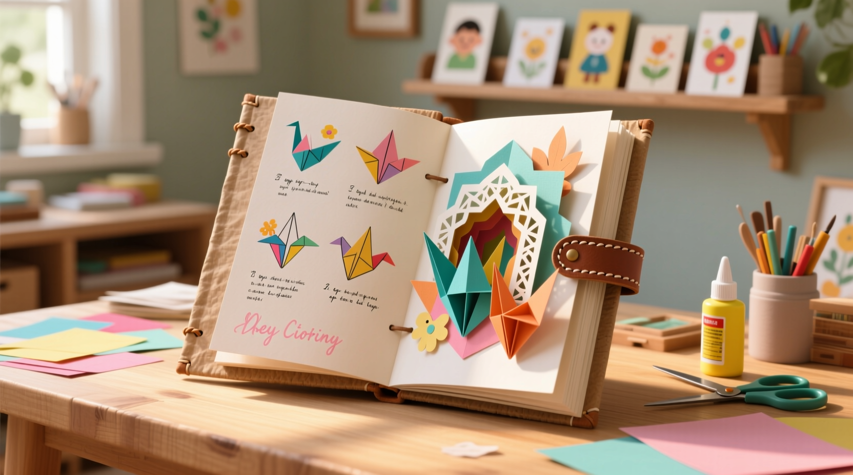 Handmade craft book with colorful paper projects