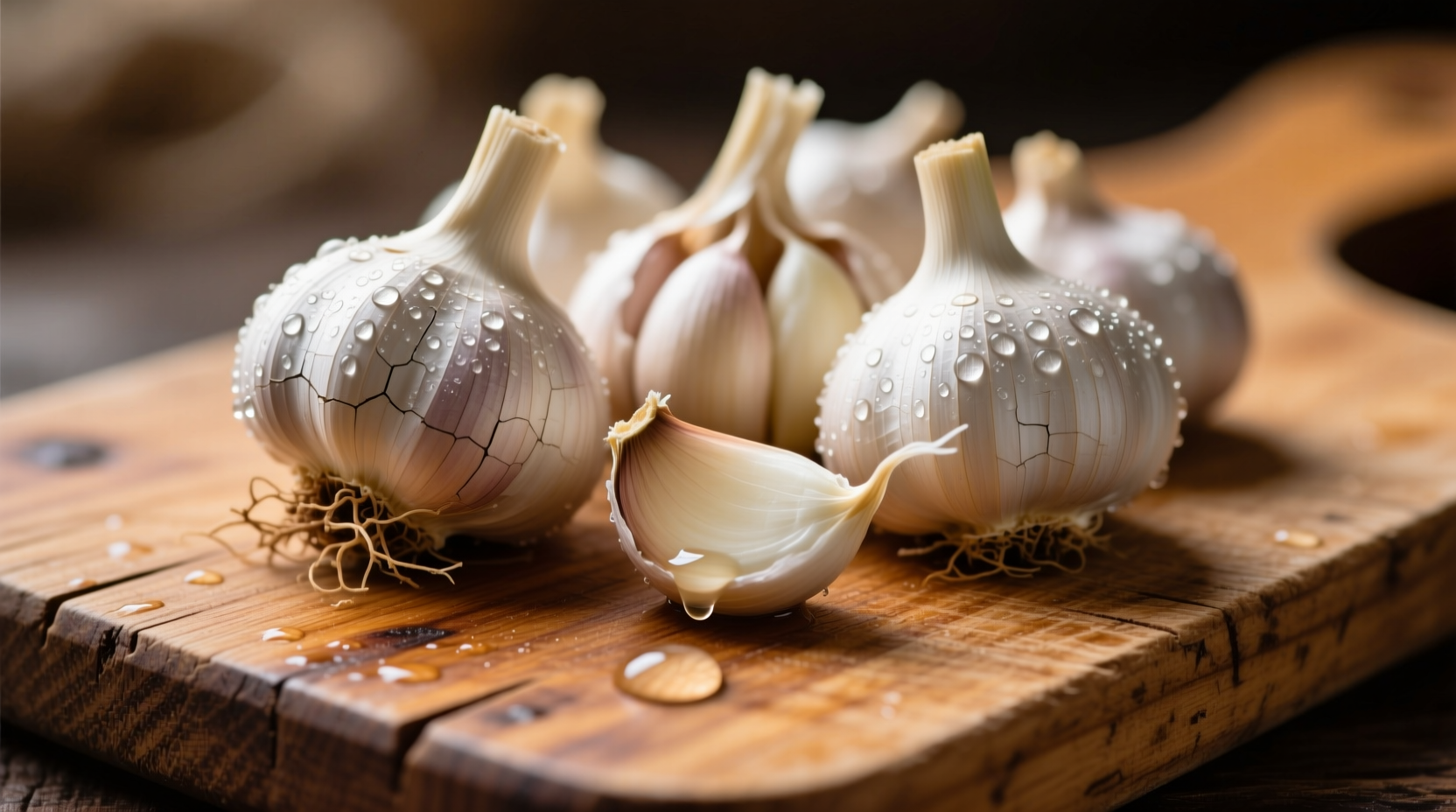 Close-up of fresh garlic cloves on wooden cutting board