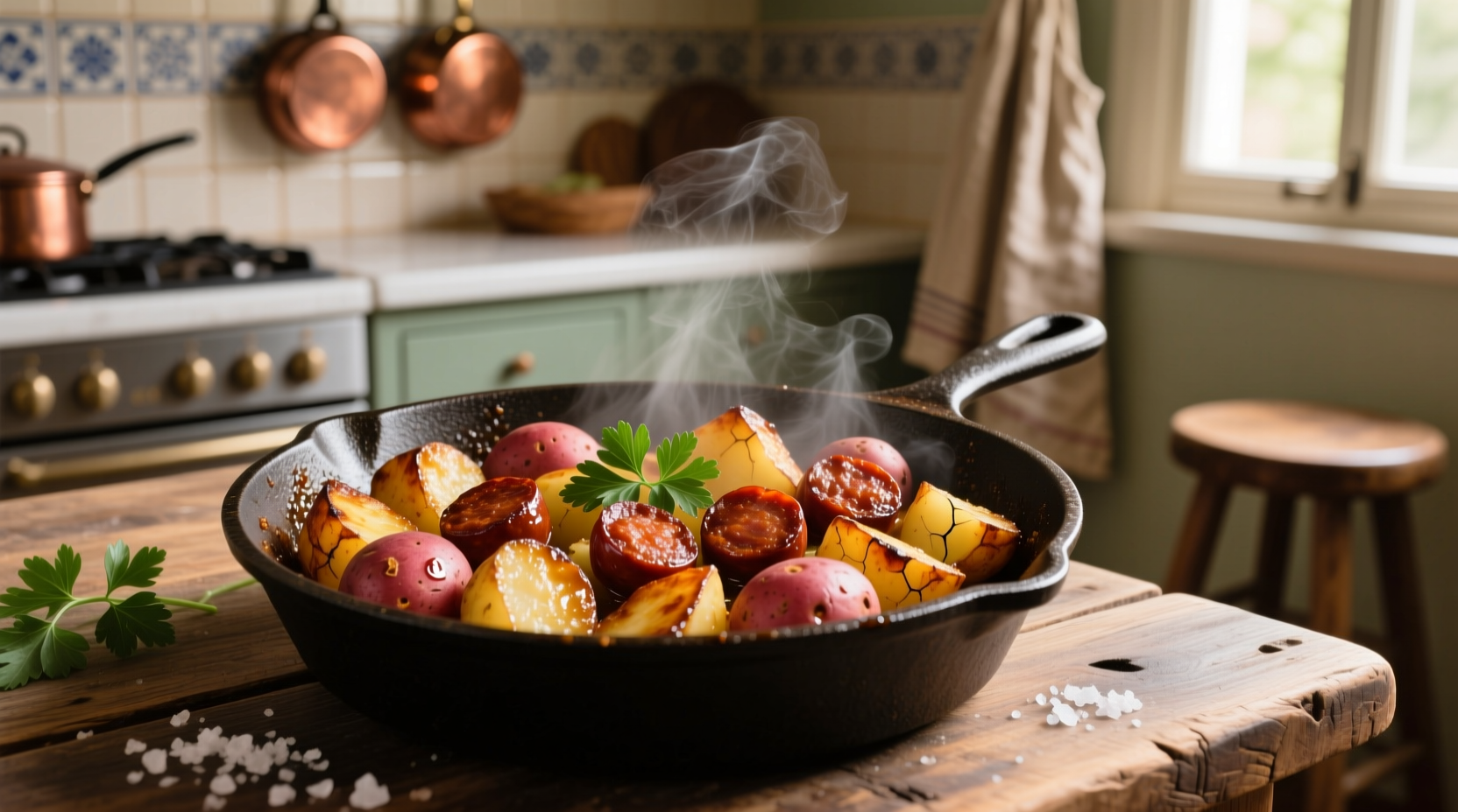 Crispy Spanish chorizo potatoes in cast iron skillet