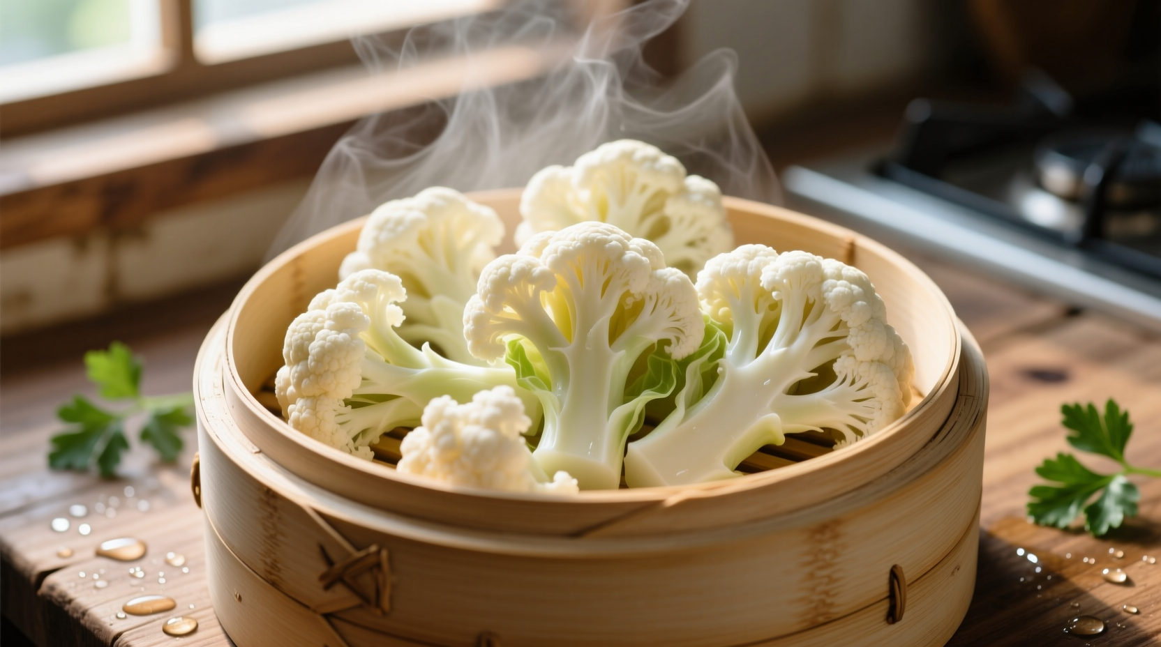 Fresh cauliflower florets in steamer basket