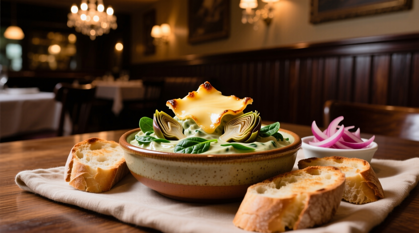 Creamy spinach artichoke dip in restaurant setting