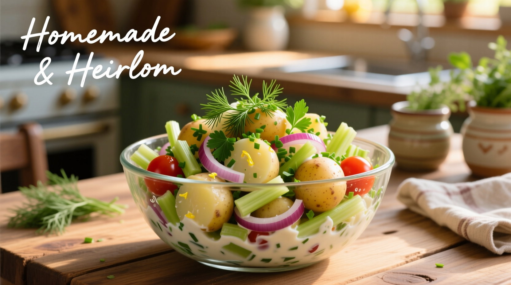Homemade potato salad in glass bowl with fresh herbs