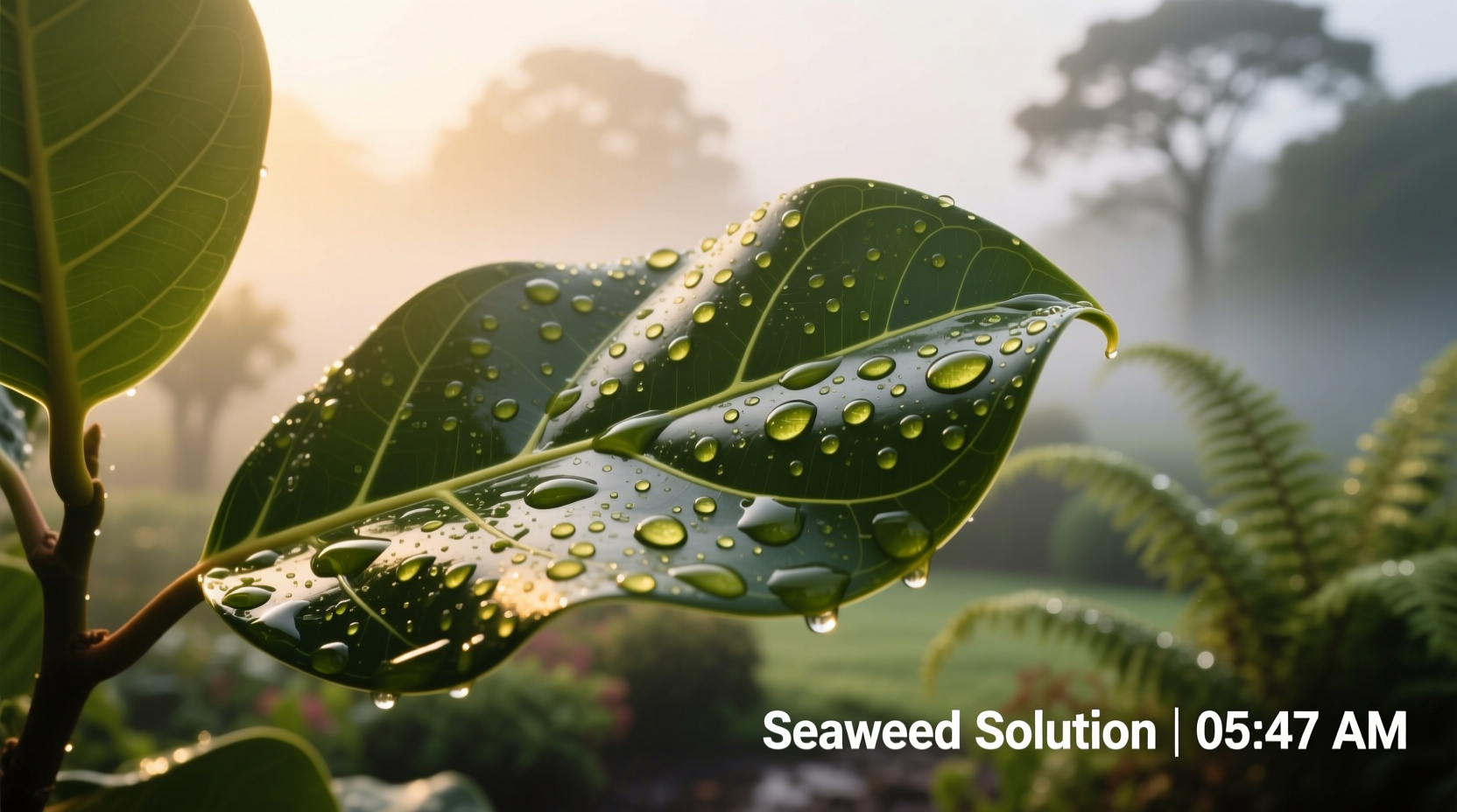 Close-up of a healthy fiddle leaf fig leaf being misted with fine droplets of seaweed solution at dawn, showing even coverage without runoff or pooling