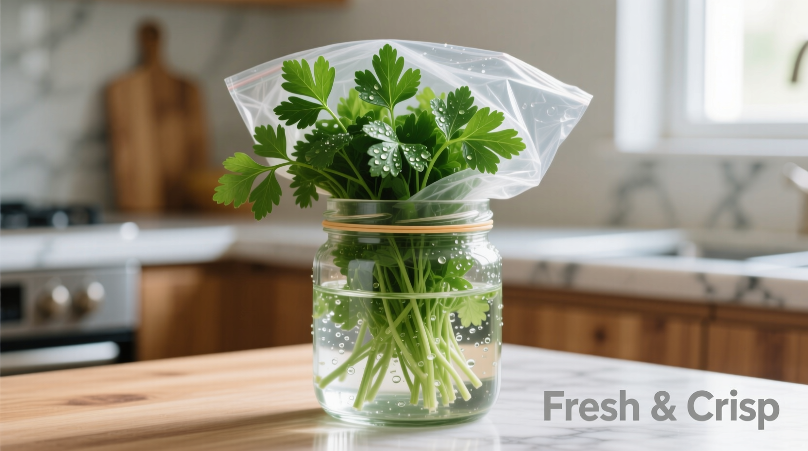 Fresh parsley stored in water with plastic bag cover