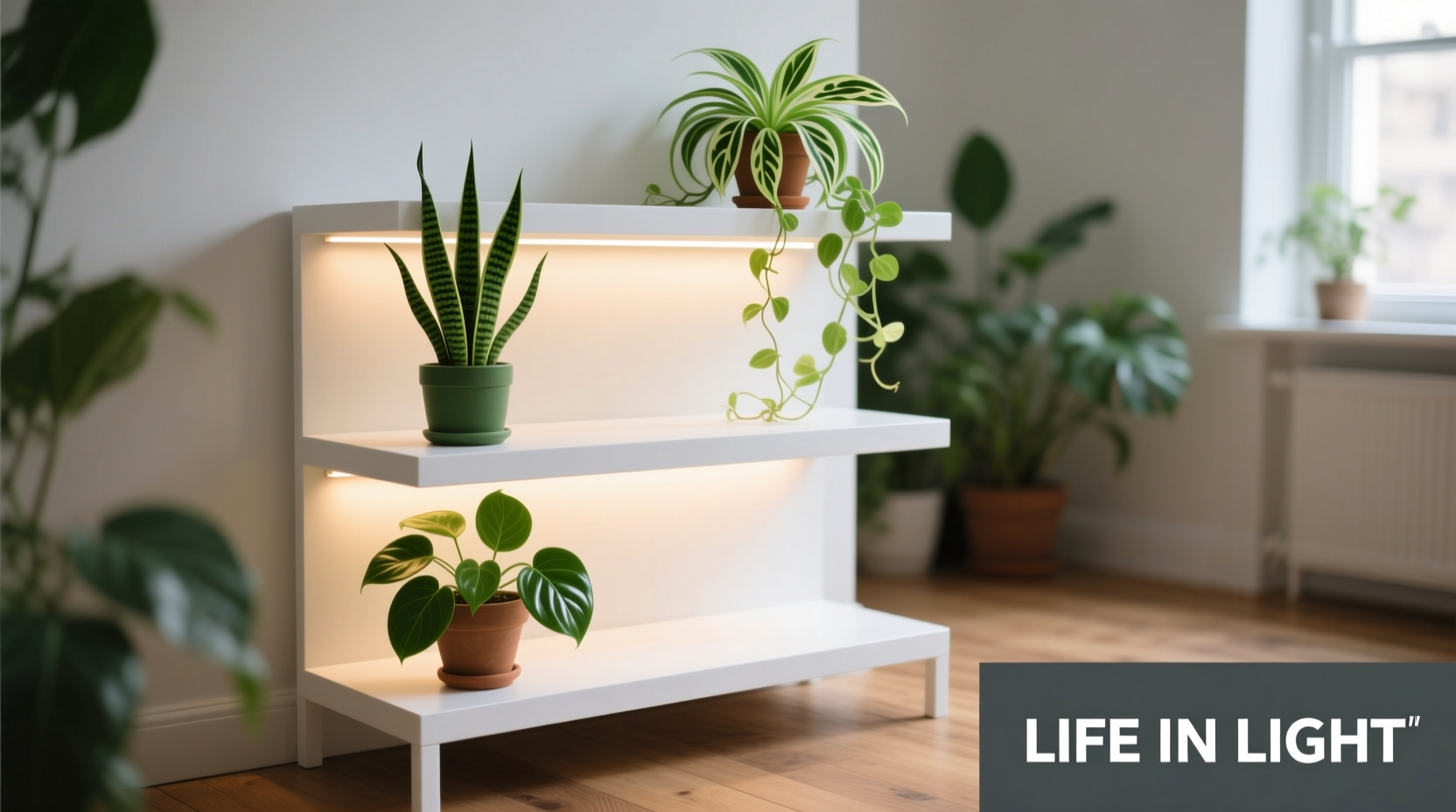 Three white IKEA LACK side tables stacked vertically with recessed LED strips glowing beneath each shelf lip, potted pothos and snake plants arranged by light requirement—low-light species on bottom, medium-light on middle, high-light on top
