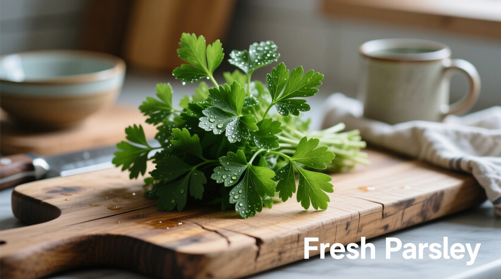 Fresh flat leaf parsley bunch on wooden cutting board