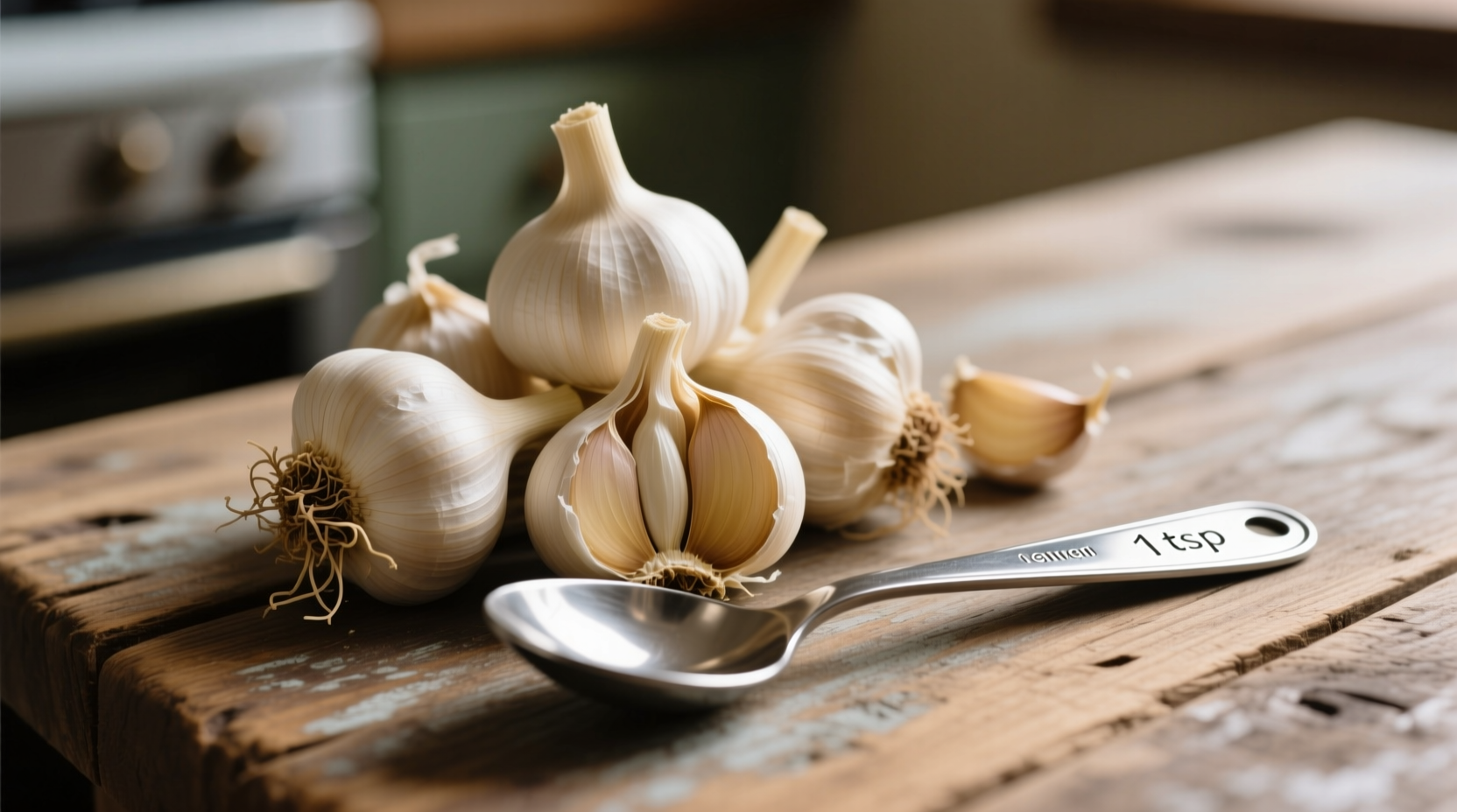 Garlic cloves next to measuring teaspoon