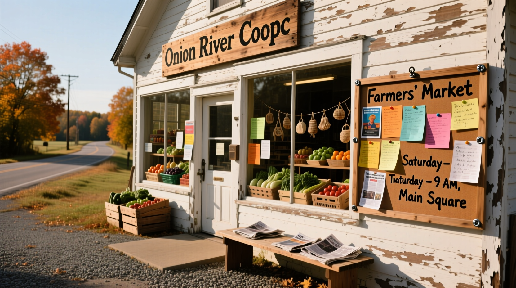 Onion River Co-op storefront with community bulletin board