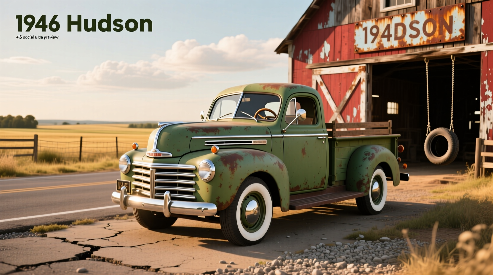 Side profile of a 1946 Hudson pickup truck on a gravel road