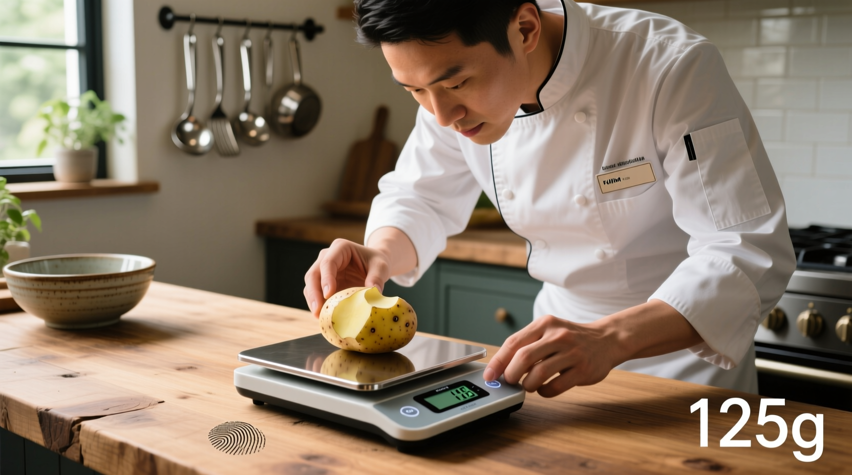 Chef measuring potato weight on kitchen scale