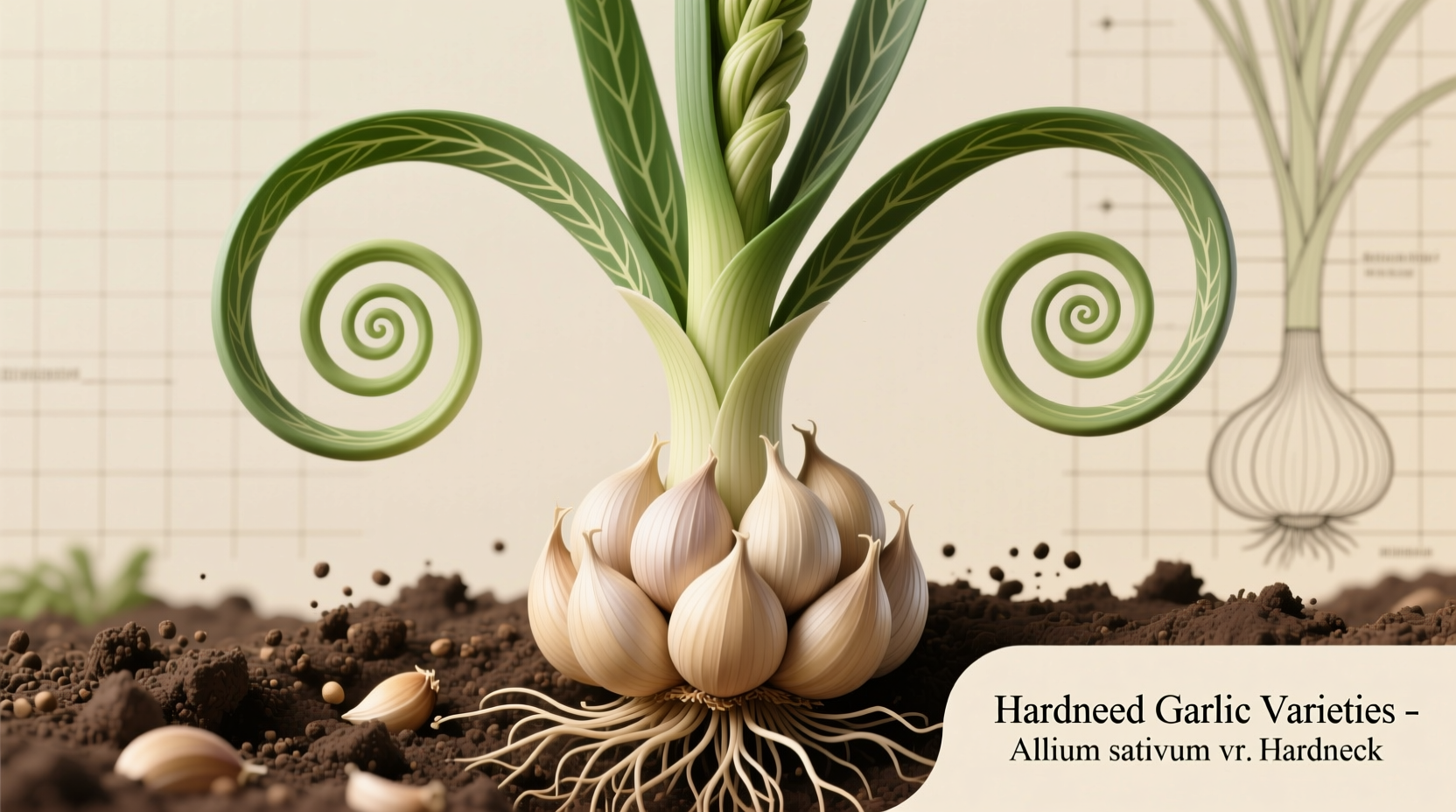 Hardneck garlic varieties showing scapes and bulb structure