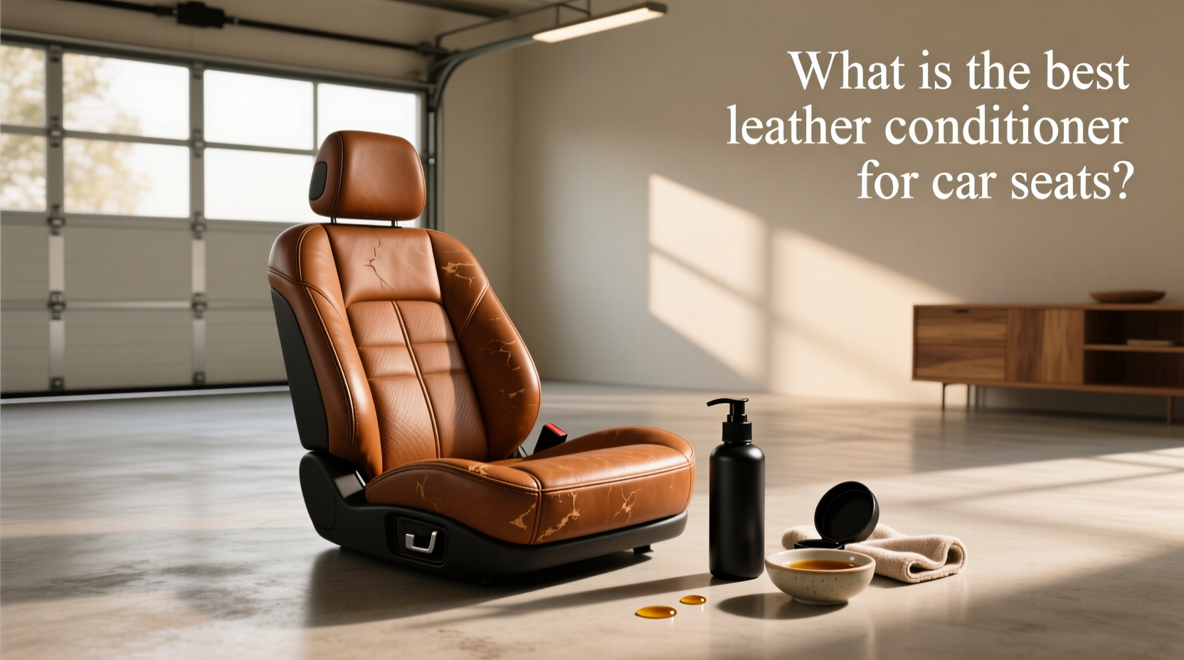 Assorted leather care wipes and bottles arranged on a dashboard with sunlight filtering through windshield