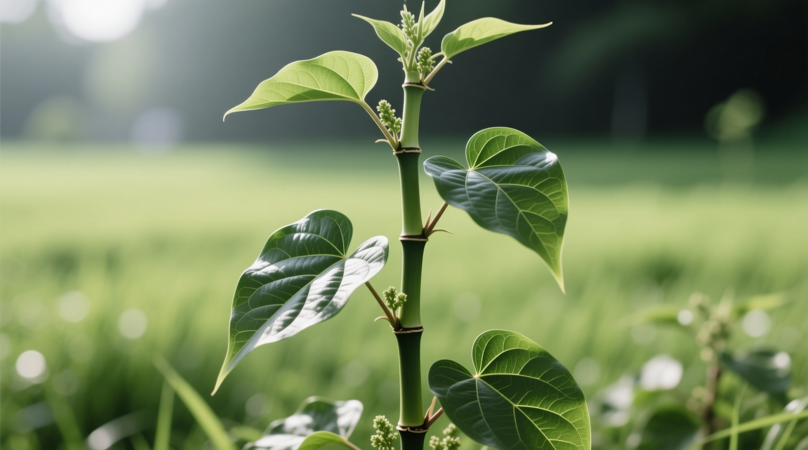 Close-up of Japanese knotweed's bamboo-like stems and heart-shaped leaves showing rapid growth pattern