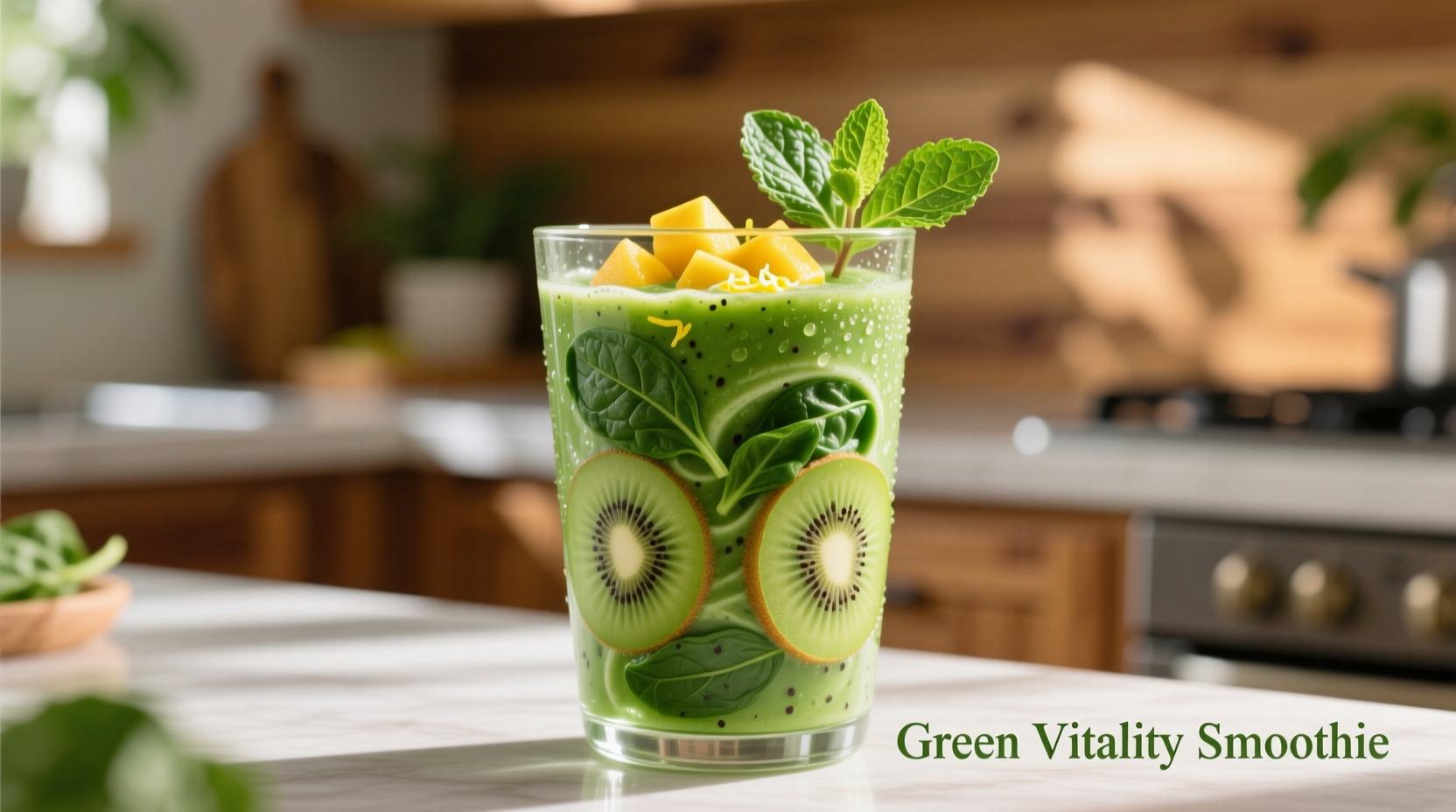 Vibrant green spinach fruit smoothie in a glass