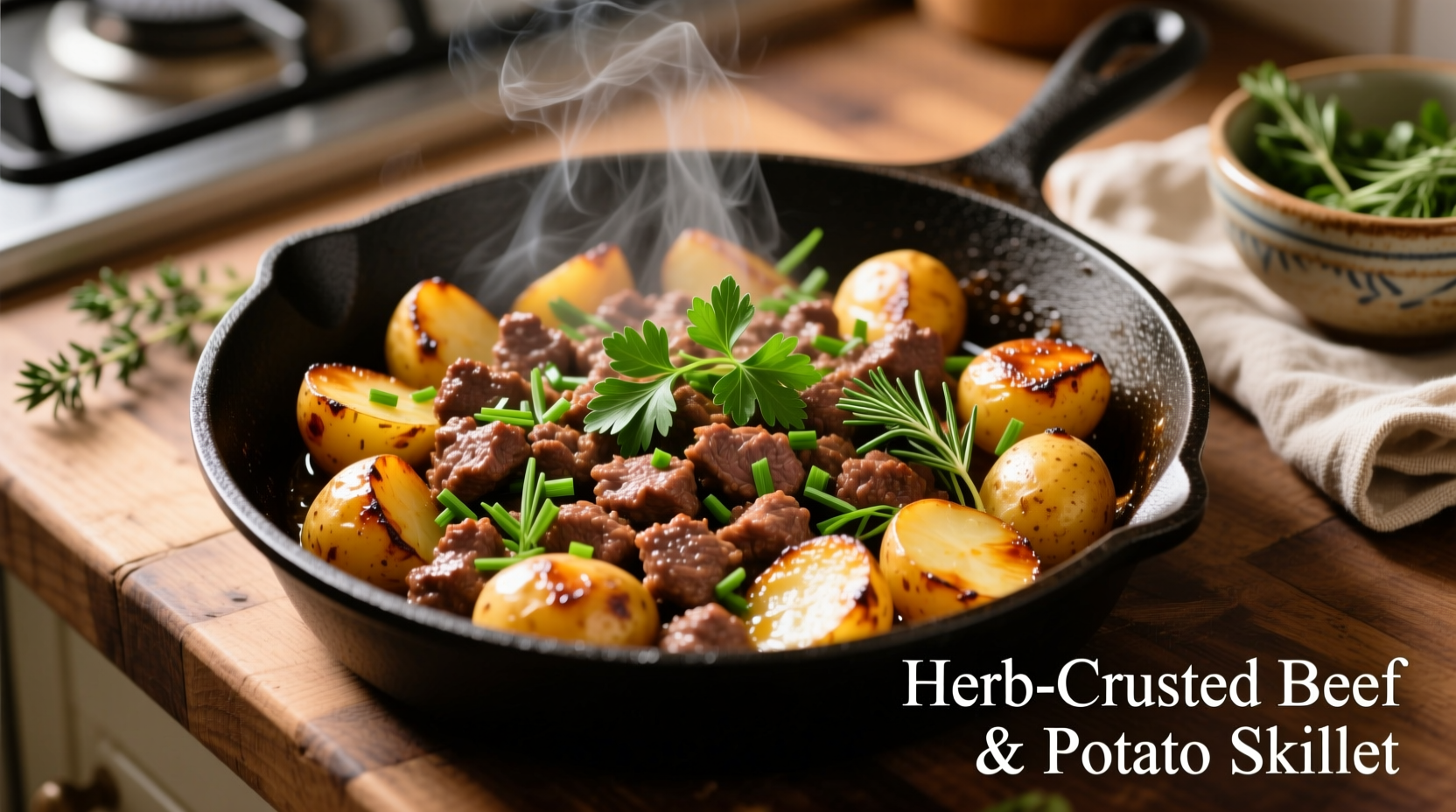 Ground beef and potato skillet with fresh herbs