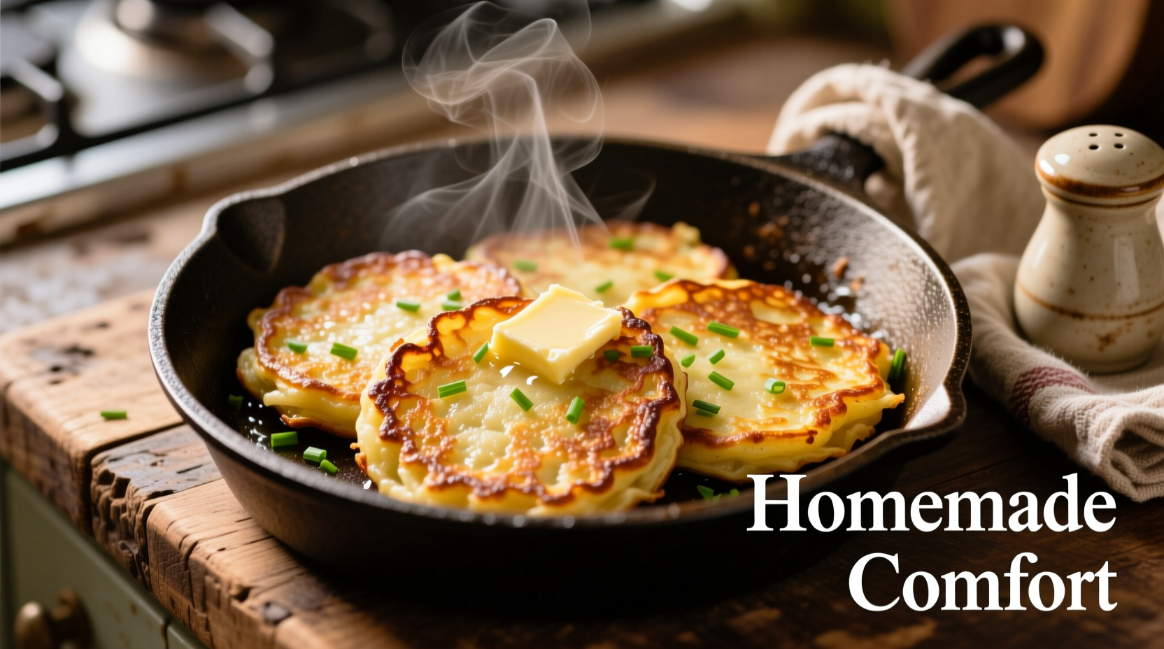 Golden mashed potato pancakes on cast iron skillet