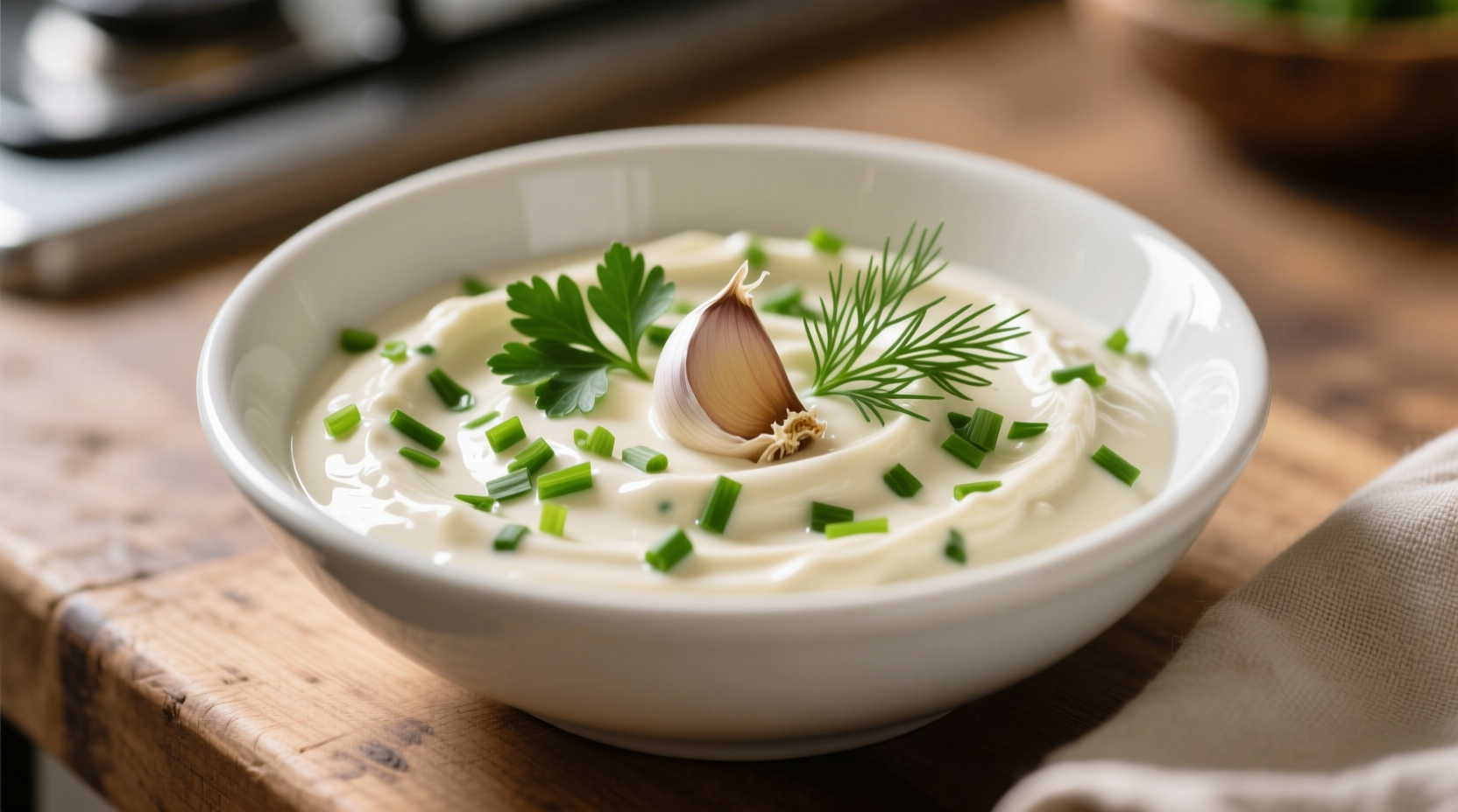 Creamy garlic aioli in white bowl with fresh herbs
